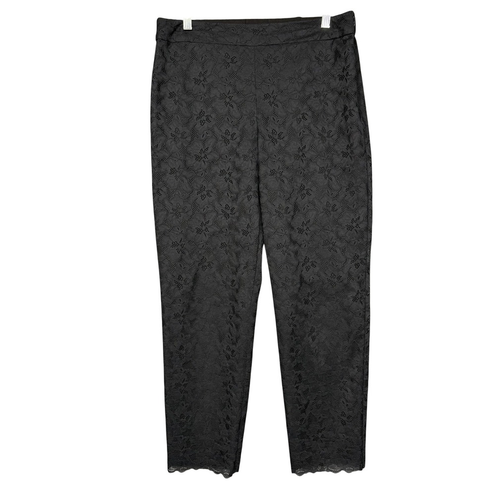 Talbots Pants Womens 10 Black Lace Straight Leg Floral Scalloped Hem Side Zip
